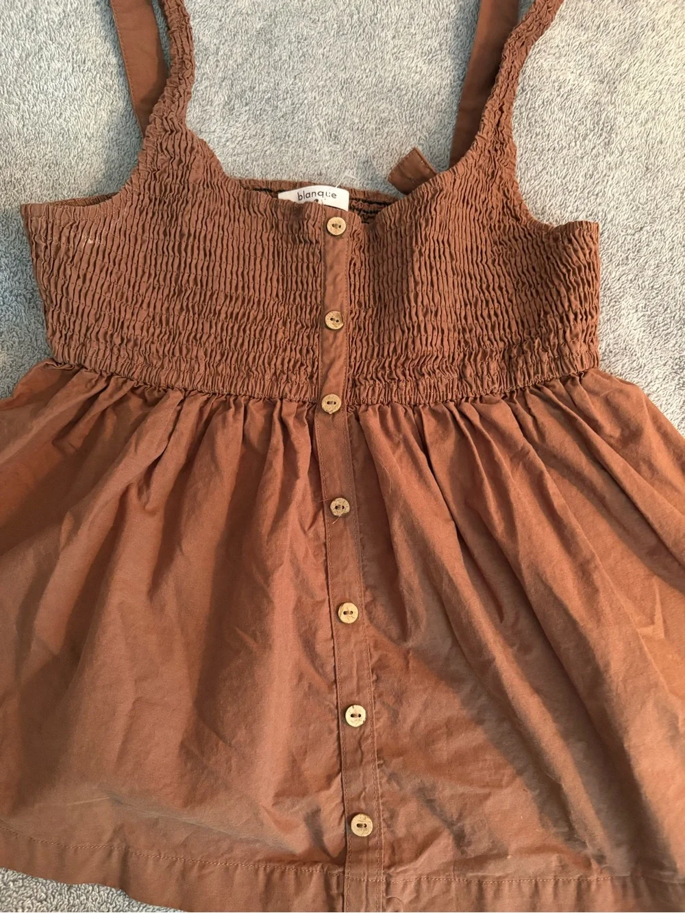 Blanque Brown Smocked Peplum Cami Large 100% Cotton Buttons Feminine